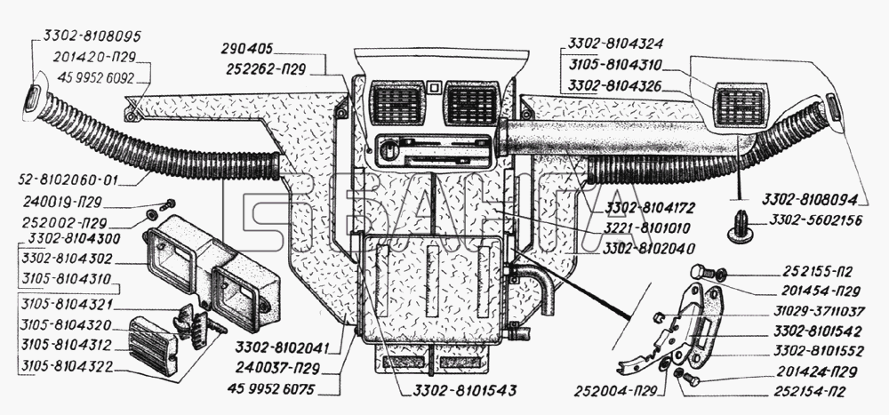 ГАЗ ГАЗ-2705 (дв. ЗМЗ-402) Схема Отопитель патрубки обогрева ветрового